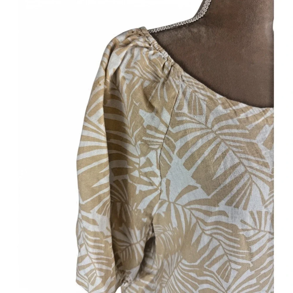 Ann Taylor Loft Womens Sz XL Linen Top Tropical Print Tan Cream Puff Sleeve‎